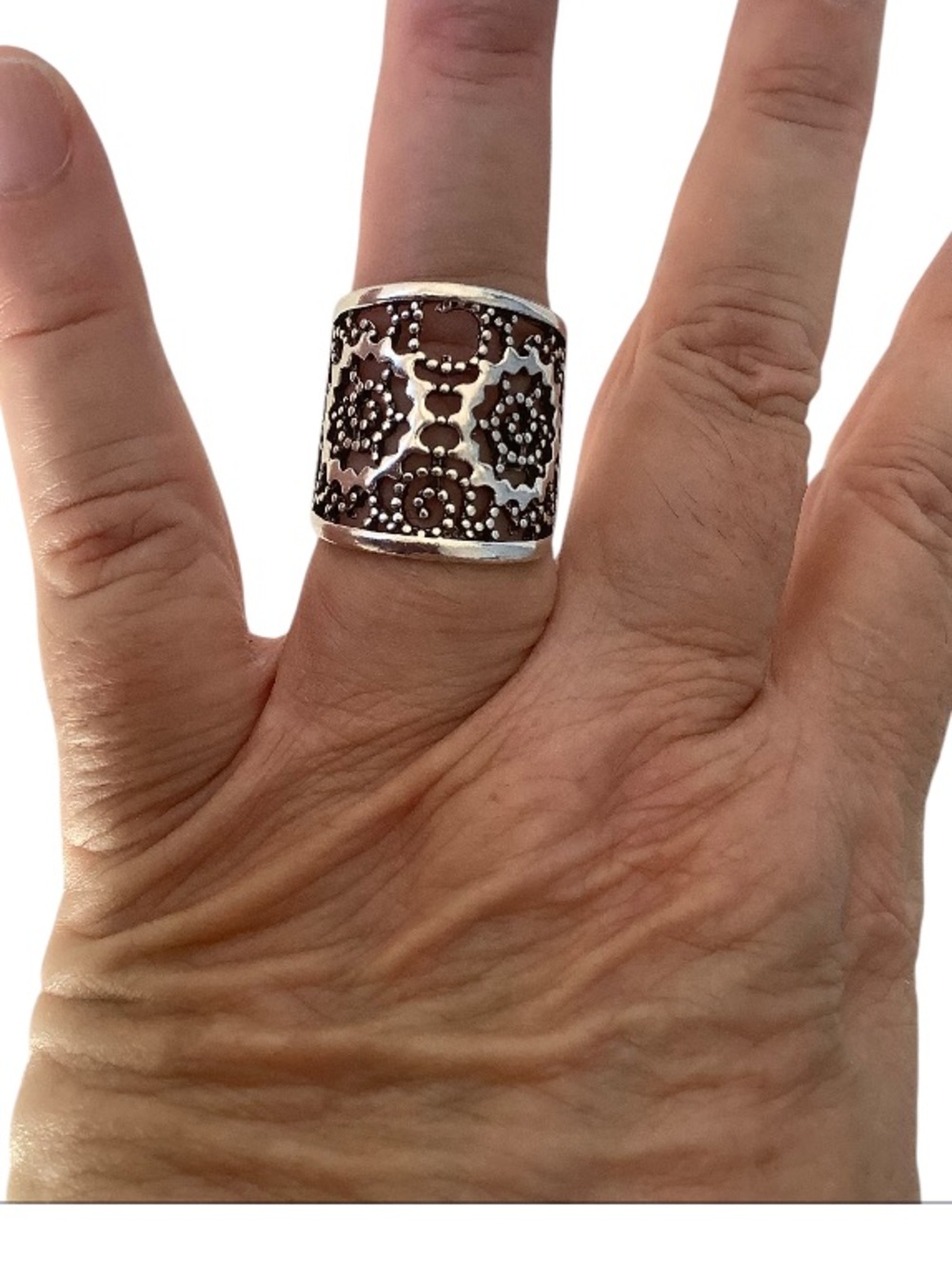 Wide Floral Silver-Tone Statement ring